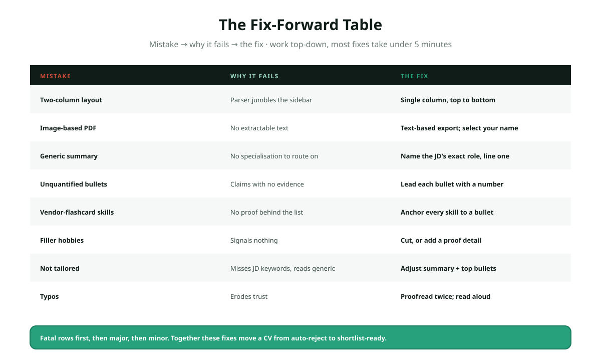 Fix-forward table for common CV mistakes 2026: three columns mistake, why it fails, and the fix; rows cover two-column layout fixed by single column, image PDF fixed by text-based export, generic summary fixed by naming the specialisation, unquantified bullets fixed by leading with a number, vendor-flashcard skills fixed by anchoring each to a bullet, filler hobbies fixed by the signal test, each fix tagged with the relevant CVWon guide.