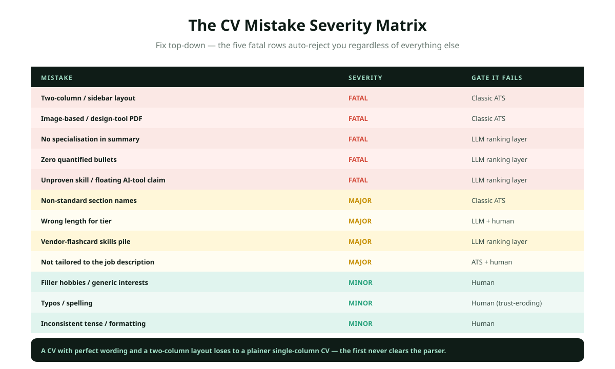 CV mistake severity matrix for 2026: rows are mistakes, columns are severity fatal major minor and the gate each fails ATS LLM human; two-column layout and image-based PDF are fatal at the ATS gate, generic summary and unquantified bullets and unproven skills are fatal or major at the LLM gate, typos and wrong tense and cliches are minor at the human gate, colour intensity showing severity.