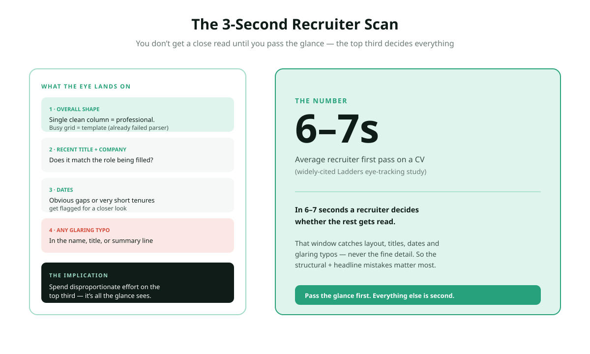 The 3-second recruiter scan for a 2026 CV: the four things the eye lands on first, overall shape single column versus busy grid, most recent job title and company, dates with gaps or short tenures flagged, and any glaring typo in the name title or summary, alongside the widely-cited 6 to 7 second average first-pass figure from the Ladders eye-tracking study.