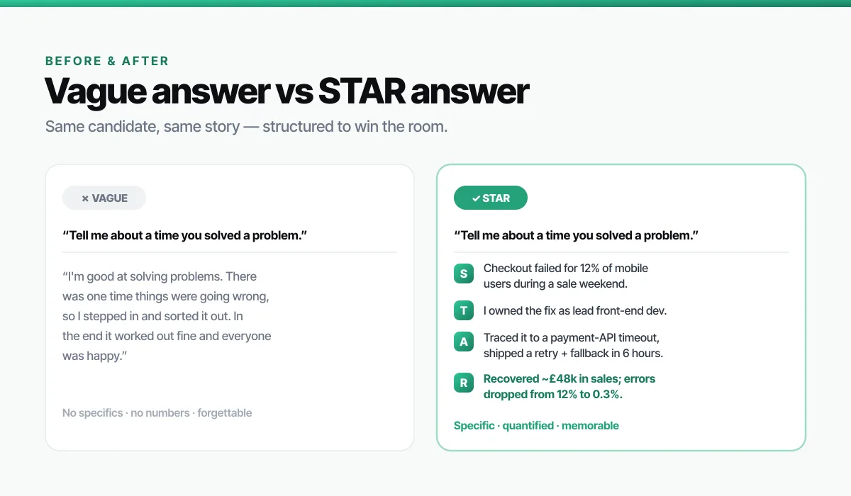 Side-by-side example comparing a vague interview answer with a structured STAR method answer that uses specific, quantified results