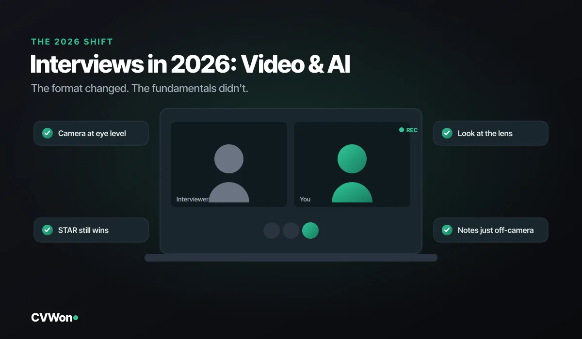 Tips for video and AI interviews in 2026: camera at eye level, look at the lens, STAR still wins, keep notes just off-camera