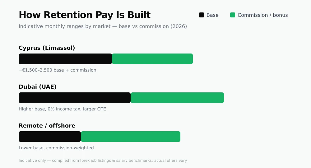 How forex retention agent pay splits into base and commission by market in 2026