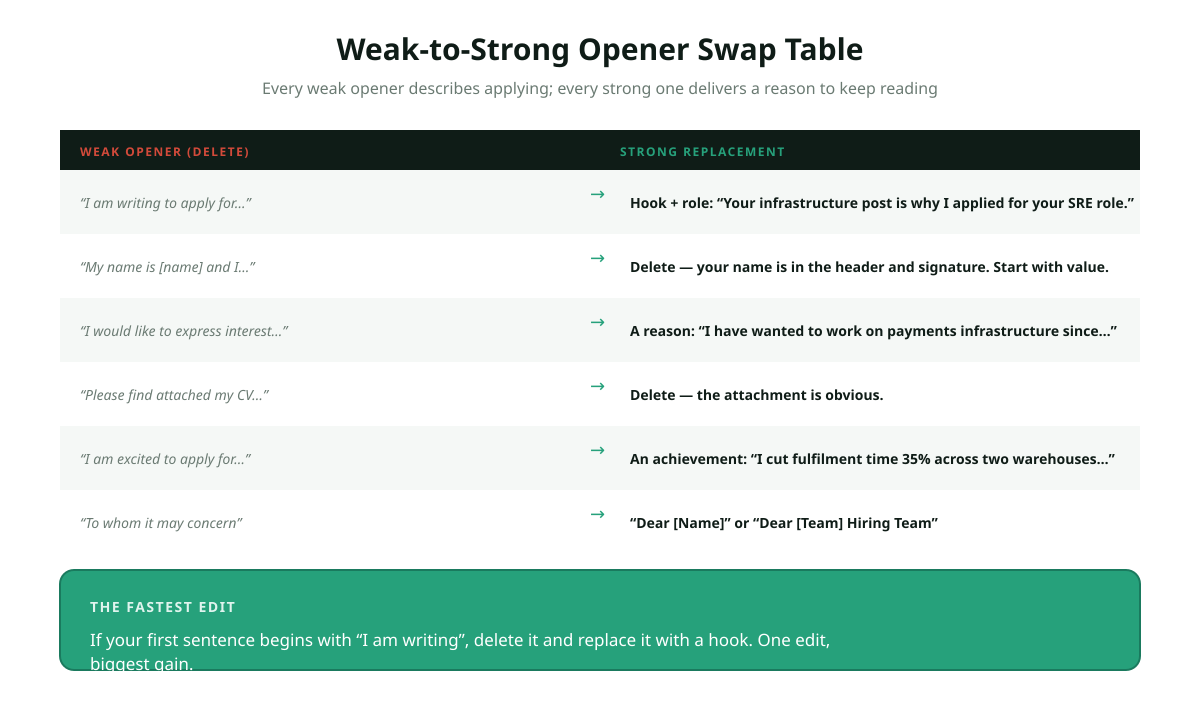 Weak to strong cover letter opener swap table for 2026: I am writing to apply for becomes a hook plus role, my name is becomes delete and start with value, I would like to express interest becomes a specific reason, please find attached becomes delete, I am excited to apply becomes an achievement, to whom it may concern becomes dear name or dear team hiring team.