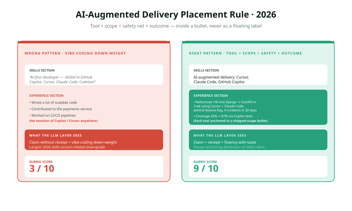AI-augmented delivery skills placement rule for 2026 CVs: wrong pattern shows AI tools listed as standalone skills line labels triggering vibe-coding down-weight in LLM ranking layer, right pattern shows each AI tool named inside a shipped-scope experience bullet with named scope safety net and outcome, plus tool-plus-scope-plus-safety-net-plus-outcome formula, with green checkmark on right pattern and red X on wrong pattern.