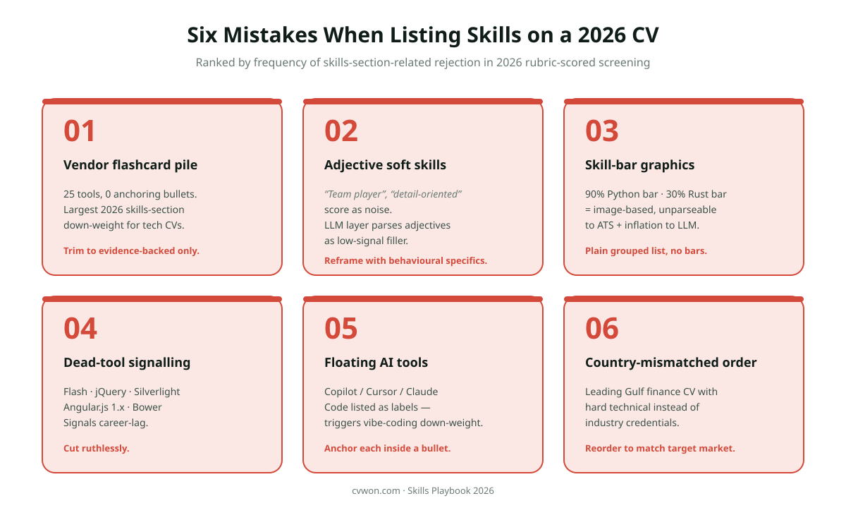 Six mistakes when listing skills on a 2026 CV: vendor flashcard pile with 25 tools and zero anchoring bullets, generic soft skill adjectives like team player and hard worker, skill bar percentage graphics that break ATS parsing, dead tools listed for legacy compatibility like Flash and jQuery, AI tools listed as floating labels without shipped scope, country-mismatched family order like leading with hard technical for a Gulf finance role, each numbered and ranked by frequency of format-layer rejection in 2026 rubric scored screening.