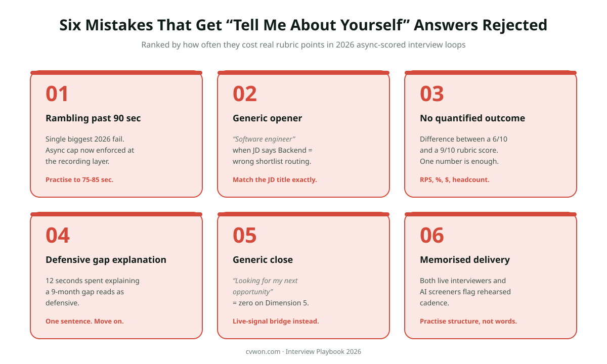 Six mistakes that get tell me about yourself answers rejected in 2026: rambling past 90 seconds, generic specialisation opener with no JD match, no quantified outcome anywhere in answer, defensive over explanation of career gap, generic and now I am looking for close, memorised delivery that reads as scripted.