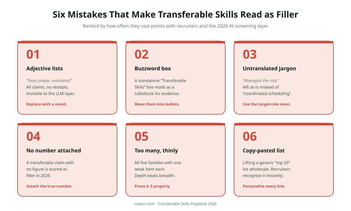 Six mistakes that make transferable skills read as filler on a 2026 CV: adjective lists with no proof, a standalone transferable skills box of buzzwords, using old-role jargon untranslated, claiming skills with no number attached, listing too many families thinly instead of two or three proven ones, and copying a generic transferable skills list without personalising, each numbered card in brand style.